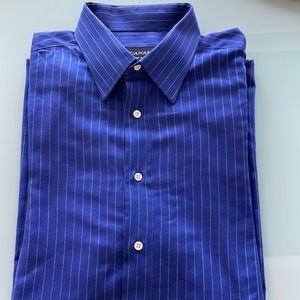 Canali blue with gold strips men dress shirt. Size L. Neck 17”. Sleeves 32”